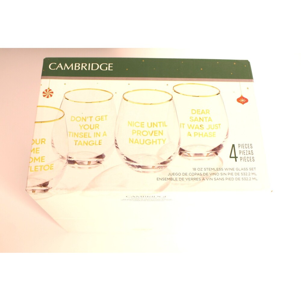 Cambridge Dear Santa Stemless Wine Glasses Assorted Set of 4, 18 oz., 896287 New